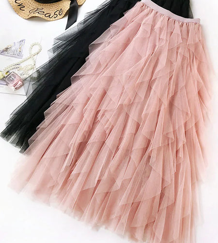 Fashion Tutu Tulle Skirt Women Long Maxi Skirt 2024 Spring Summer Korean Black Pink High Waist Pleated Skirt Female