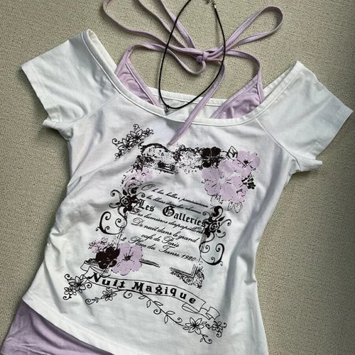 Load image into Gallery viewer, Summer Fake Two Pieces Halter Bandage Vintage T-shirts Y2k Aesthetic Slim Crop Tops Women Grunge Print Harajuku Casual Sexy Tee
