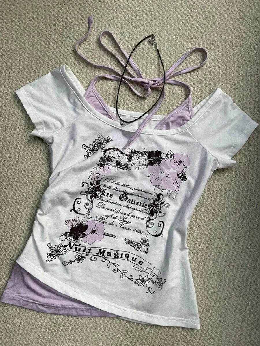 Summer Fake Two Pieces Halter Bandage Vintage T-shirts Y2k Aesthetic Slim Crop Tops Women Grunge Print Harajuku Casual Sexy Tee