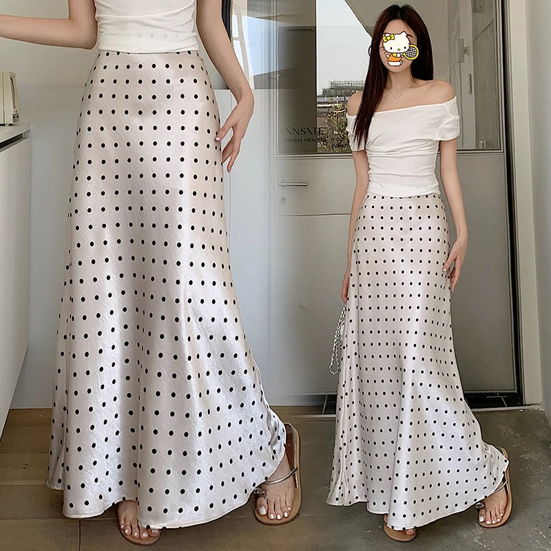 Spring Summer Vintage Black Beige Polka Dot Fishtail Long Skirts Women High Waist Slim Vacation Wrapped Hip Skirt Korean Fashion