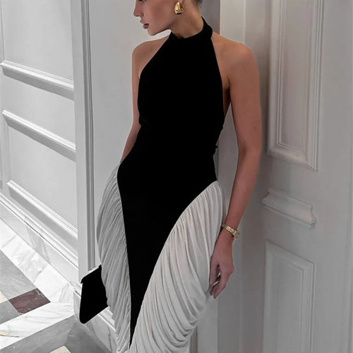 Load image into Gallery viewer, Patchwork Halter Backless Sexy Midi Dress Women Gown Elegant Fashion Contrast Color Sleeveless Pleated Long Dress

