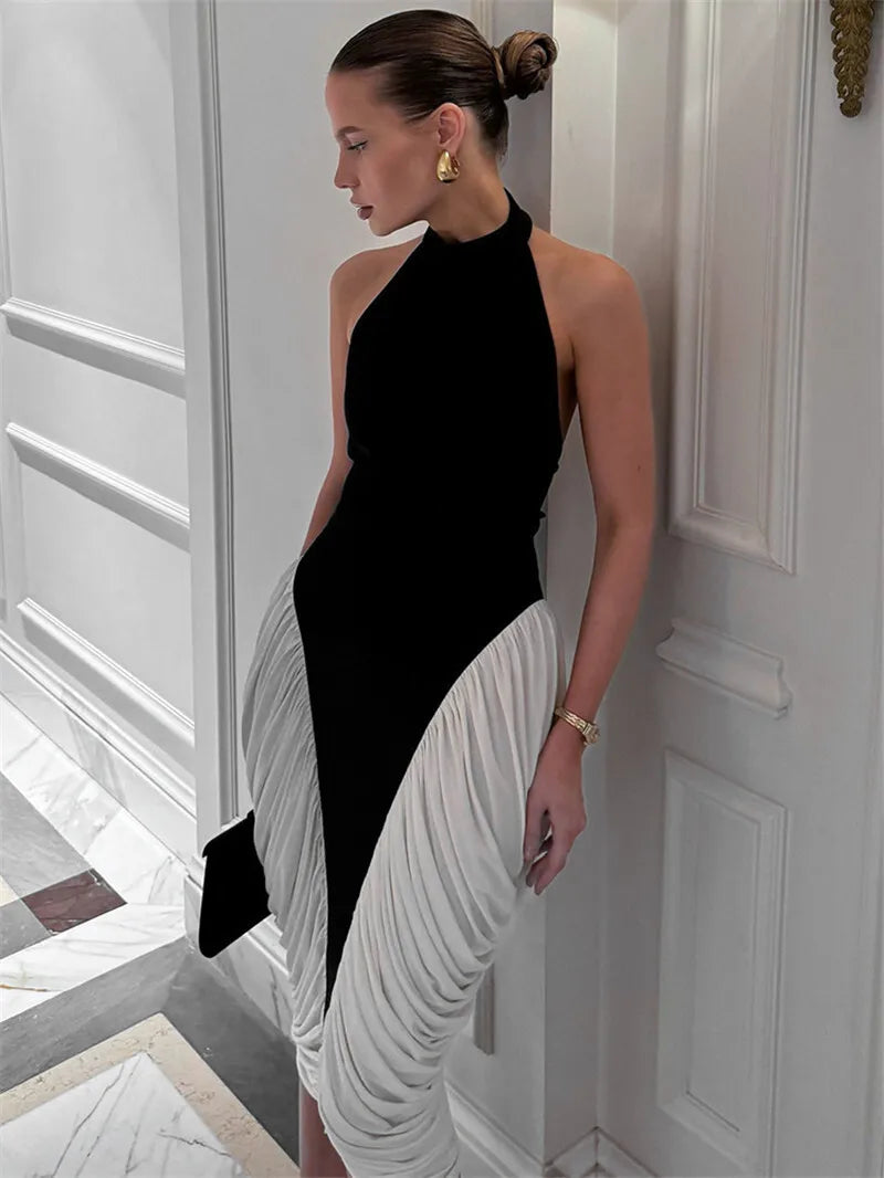 Patchwork Halter Backless Sexy Midi Dress Women Gown Elegant Fashion Contrast Color Sleeveless Pleated Long Dress