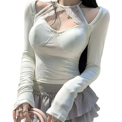 Load image into Gallery viewer, y2k Crop Top Women Fairycore Clothing Lace Patchwork Round Neck Long Sleeve Halter Neck T Shirt 2000s Aesthetic Clothes
