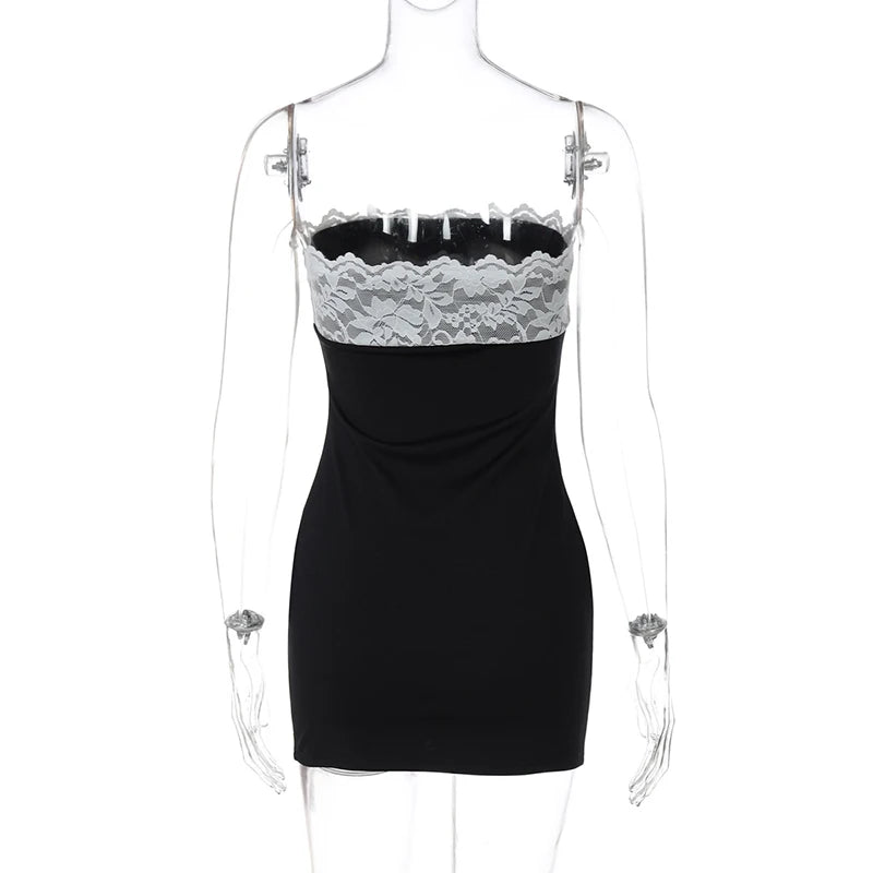 Lace Strapless Sexy Mini Dress For Women Robe Patchwork Off-shoulder Sleeveless Backless High Waist Bodycon Club Dress
