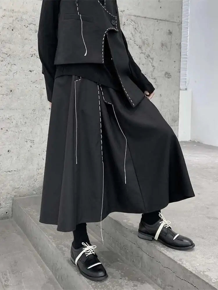 High Elastic Waist Black Topstitched Irregular Ra-line Half-body Skirt Women Fashion Tide New Spring Autumn 2025 1DF1073