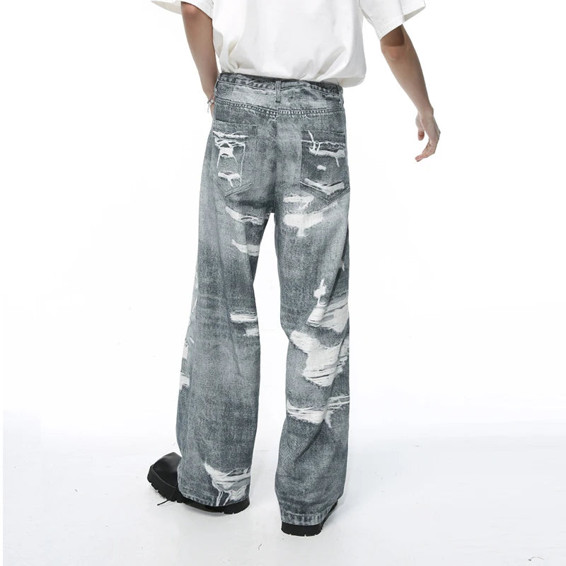 Men's Denim Pants 2024 Summer Fashion Casual Pocket Zipper Male Straight Leg Trousers Retro Style Loose Hole 9C5394