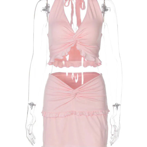 Load image into Gallery viewer, Ruffle Sexy Skirt Two Piece Sets Women Halter Lace-up Crop Top And Mini Skirt Female Beach Club Party 2 Piece Set
