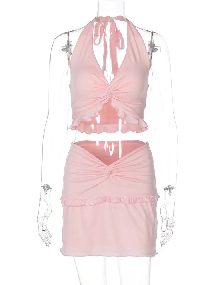 Ruffle Sexy Skirt Two Piece Sets Women Halter Lace-up Crop Top And Mini Skirt Female Beach Club Party 2 Piece Set