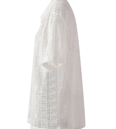 Women White Knitting Hollow Out Big Size Casual T-shirt New Lapel Short Sleeve Fashion Tide Spring Summer 2025 CPG3084