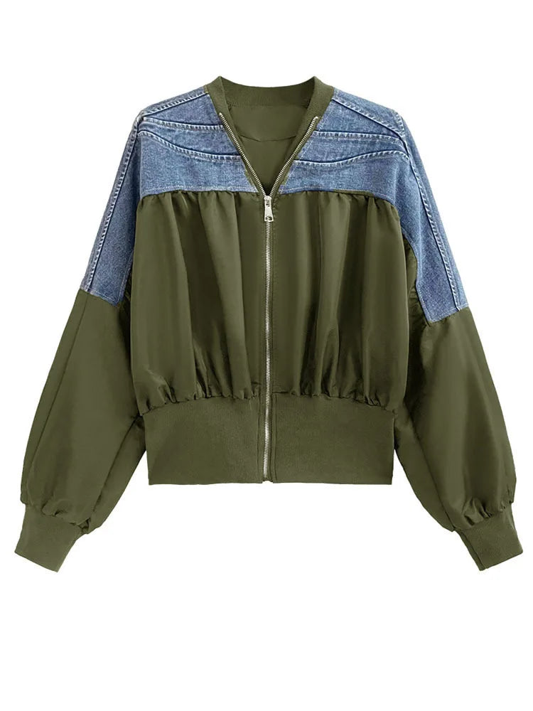 Black Denim Color-block Big Size Casual Jacket New V-neck Long Sleeve Women Coat Fashion Tide Spring Autumn 2025 1DH1842