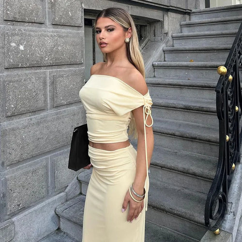 Load image into Gallery viewer, Sexy Skirt Two Pieces Sets For Women Sleeveless Slim Fit Off-shoulder Crop Top And Long Skirt Sexy Two Pieces Sets
