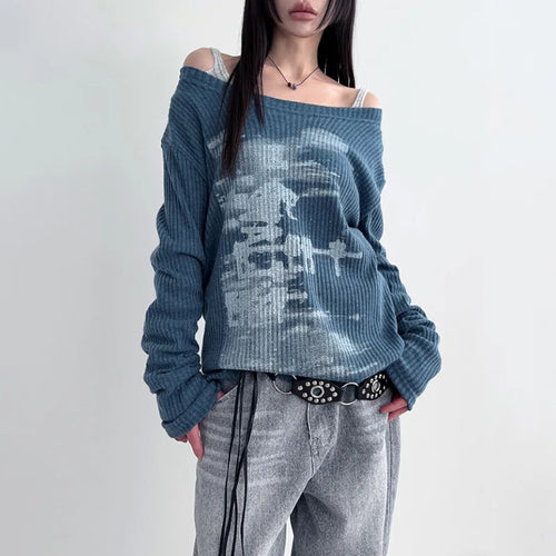 Load image into Gallery viewer, Autumn Harajuku Women Printing Tees Vintage Streetwear Grunge Skew Collar Tops Y2k Aesthetic Loose Casual Hiphop Vintage Tops
