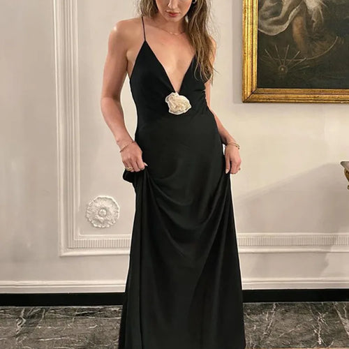 Load image into Gallery viewer, Deep V Neck Tie Flower Backless Maxi Dress Women New Spaghetti Strap Sleeveless Long Dress Elegant Sexy Club Slipdress
