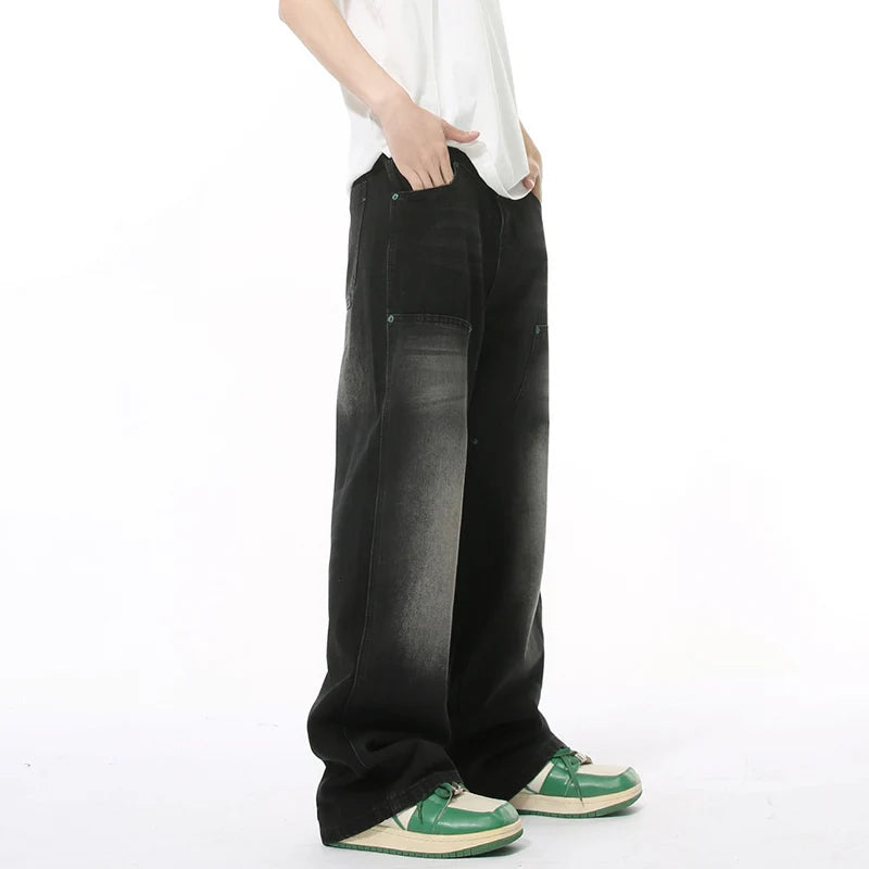 Men's Autumn High Street Jeans Casual Mill White Solid Color Straight Splicing Wide Leg Loose Washed Denim Pants 9C8975