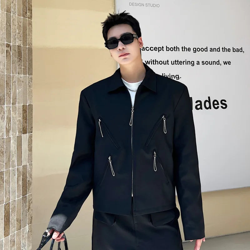 Men's Jacket New Korean Spring Multi Zippers Design Niche Solid Color Handsome Lapel Fashion Male Clothing Jackets 9W1583