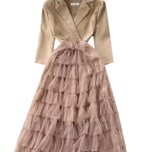 Load image into Gallery viewer, Autumn 2024 New Black Mesh Patchwork Sequin Elegant Long Sleeve Slim Dress Korean Women Khaki Temperament High Waist Cake Dress
