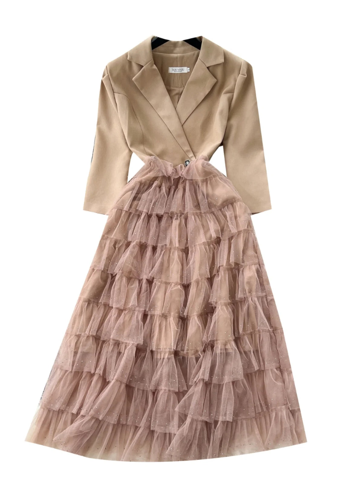 Autumn 2024 New Black Mesh Patchwork Sequin Elegant Long Sleeve Slim Dress Korean Women Khaki Temperament High Waist Cake Dress