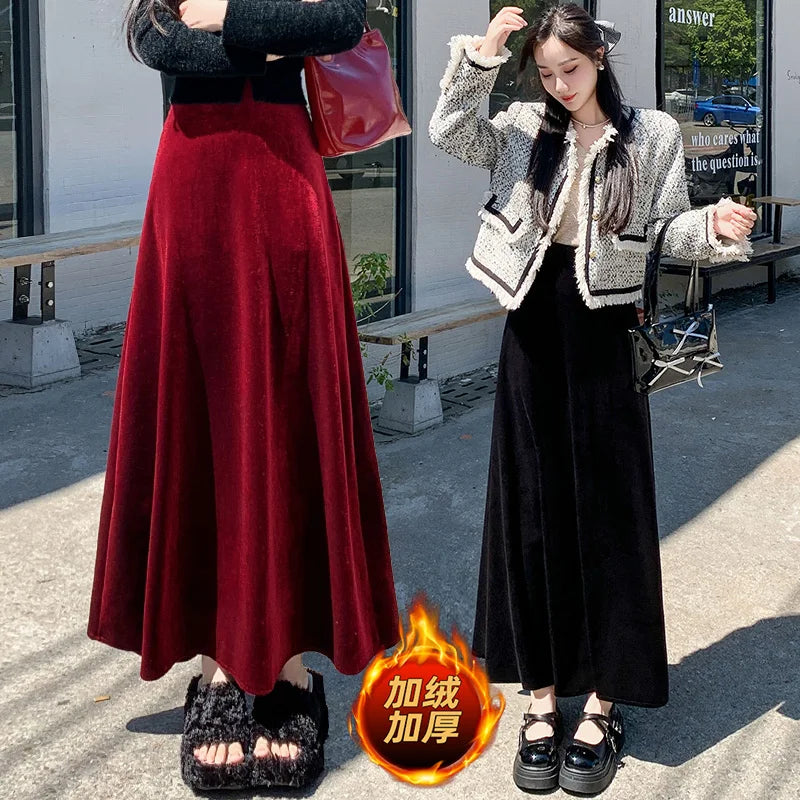 Korean Style Women Red Elegant Vacation Pleated Long Skirt 2024 Autumn Winter New Black High Waist Party Velvet Skirt Thick Chic