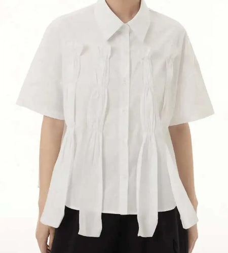 Women White Irregular Pleated Ribbons Big Size Blouse New Lapel Short Sleeve Shirt Fashion Tide Spring Summer 2025 1DH6566
