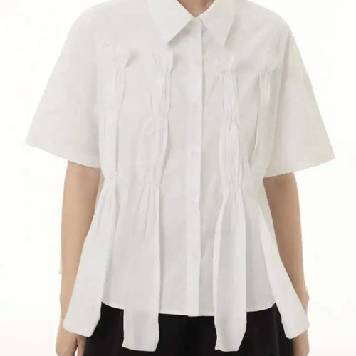 Load image into Gallery viewer, Women White Irregular Pleated Ribbons Big Size Blouse New Lapel Short Sleeve Shirt Fashion Tide Spring Summer 2025 1DH6566
