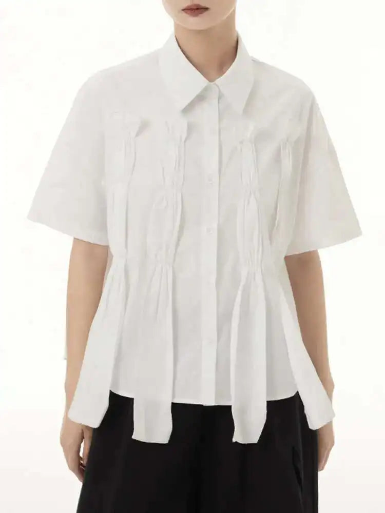 Women White Irregular Pleated Ribbons Big Size Blouse New Lapel Short Sleeve Shirt Fashion Tide Spring Summer 2025 1DH6566