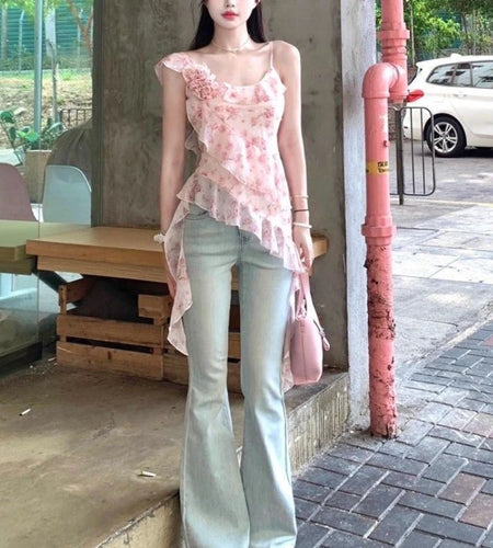 2025 Shirts for Women Irregular Ruffles Tshirt Y2k Aesthetic One Shoulder Print Tops Summer Harajuku 3D Flower Grunge T-shirts