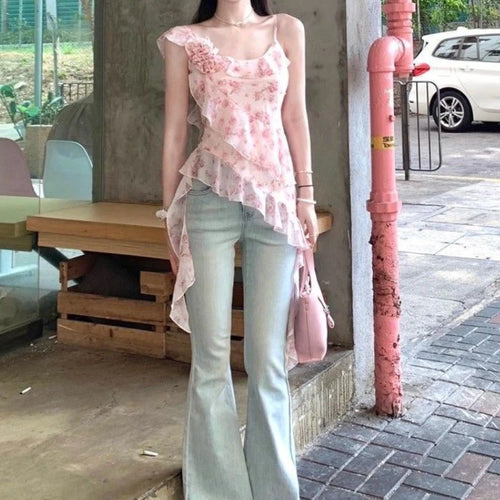 Load image into Gallery viewer, 2025 Shirts for Women Irregular Ruffles Tshirt Y2k Aesthetic One Shoulder Print Tops Summer Harajuku 3D Flower Grunge T-shirts
