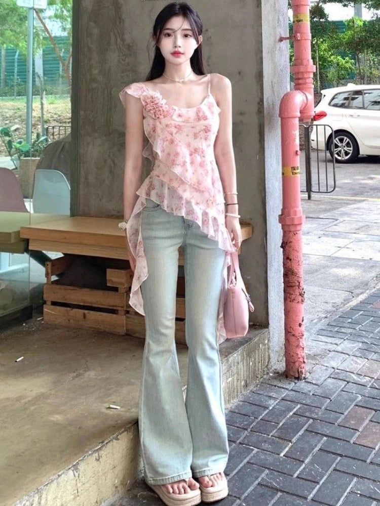 2025 Shirts for Women Irregular Ruffles Tshirt Y2k Aesthetic One Shoulder Print Tops Summer Harajuku 3D Flower Grunge T-shirts