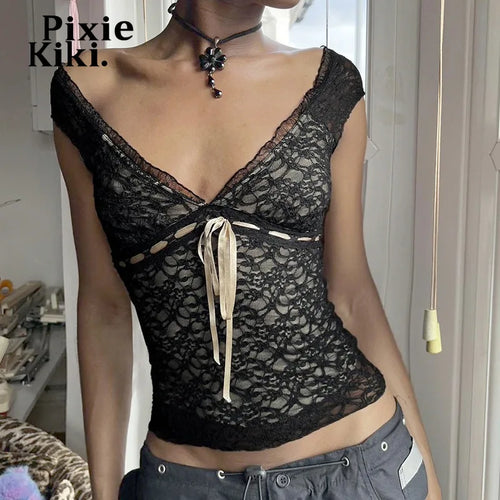 Load image into Gallery viewer, Black Lace Crop Top 2000s Clothes Y2k Sexy V-neck Low Cut Backless Sleeveless T Shirts for Woman 2024 Summer P84-BI25
