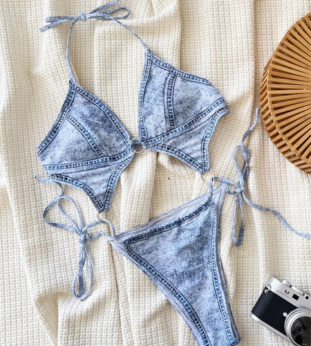 Denim Halter Deep V neck One Piece Swimsuit 2024 Swimwear for Women Sexy Hollow Out Bathing Suit Brazilian Monokini
