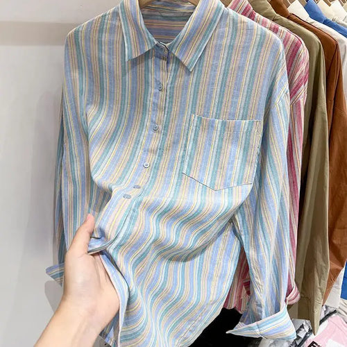 Load image into Gallery viewer, Women Pink Striped Loose Blouse 2023 Office Turn-down Collar Long Sleeve Vintage Blue Patchwork Single Breasted Top Shirt Autumn
