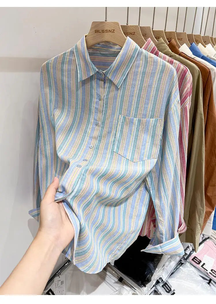 Women Pink Striped Loose Blouse 2023 Office Turn-down Collar Long Sleeve Vintage Blue Patchwork Single Breasted Top Shirt Autumn