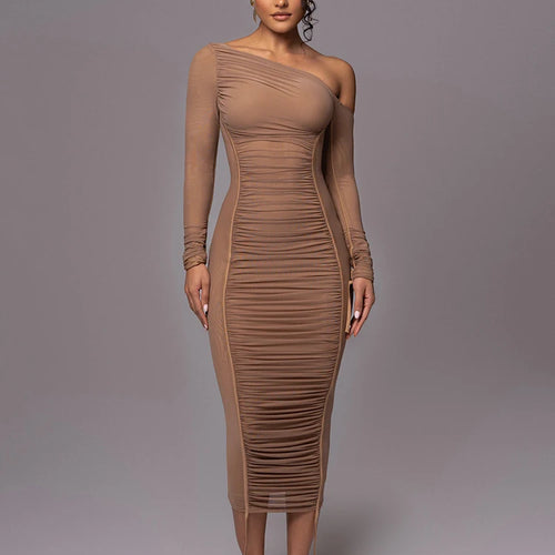 Load image into Gallery viewer, Diagonal Collar Long Sleeve Midi Dress For Women Two Layer Mesh Backless Ruched Bodycon Club Party Sexy Long Dress
