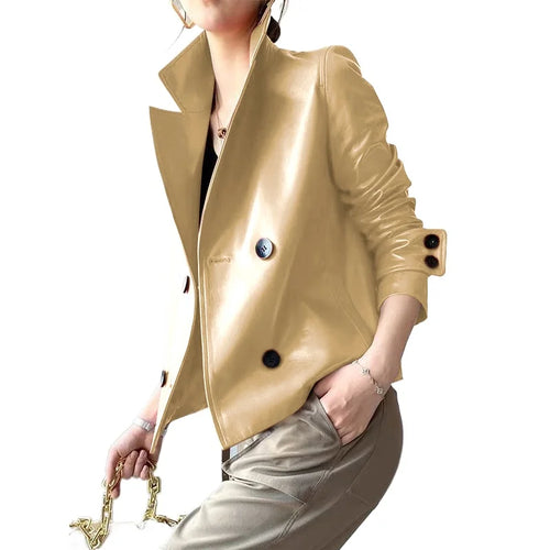 Load image into Gallery viewer, Autumn Winter Gold Faux Leather Jackets Women 2024 New Outwear Long Sleeves PU Leather Short Coats Outwear for Female
