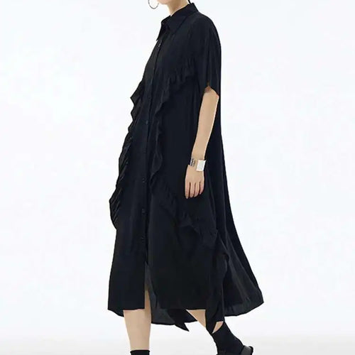 Load image into Gallery viewer, Women Green Irregular Ruffles Big Size Midi Shirt Dress New Lapel Short Sleeve Fashion Tide Spring Summer 2025 1DH6080
