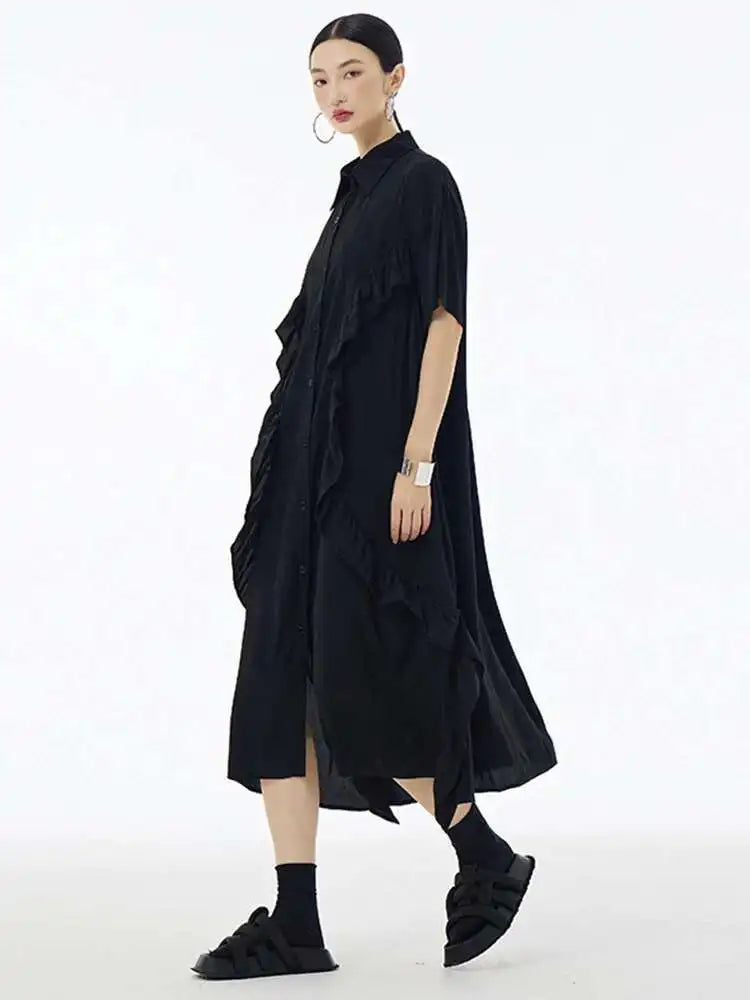 Women Green Irregular Ruffles Big Size Midi Shirt Dress New Lapel Short Sleeve Fashion Tide Spring Summer 2025 1DH6080