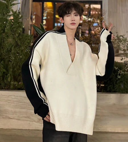 Korean Trendy Male Sweaters V-neck Casual Patchwork Contrast Color Men Knitted Loose Pullovers New Stylish 2024 9C4143