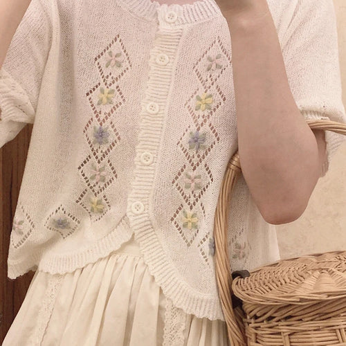 Load image into Gallery viewer, Kawaii Cute Floral Embroidery  Cardigan Women Thin Hollow Out Knitted Cardigans 2025 Summer Sweet O-neck Sweater Loose Tops
