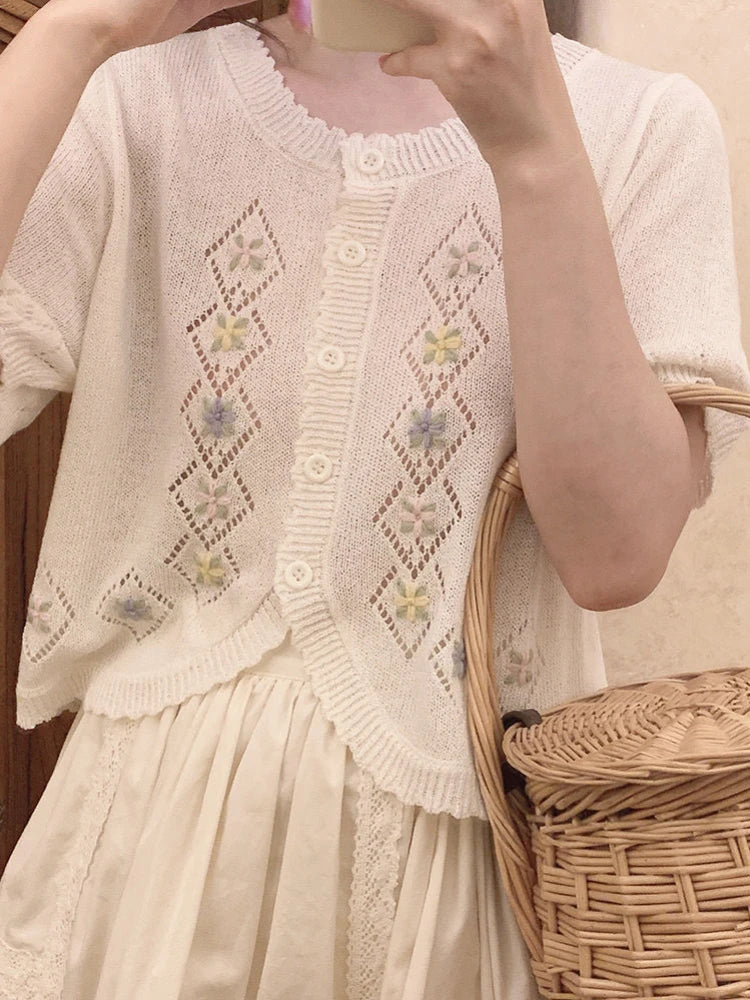 Kawaii Cute Floral Embroidery  Cardigan Women Thin Hollow Out Knitted Cardigans 2025 Summer Sweet O-neck Sweater Loose Tops