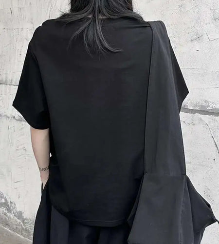 Women Black Color-block Irregular Big Size T-shirt New Round Neck Short Sleeve Fashion Tide Spring Summer 2025 1DF9655