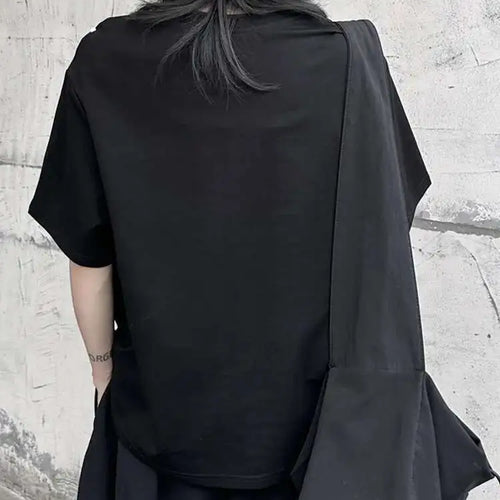 Load image into Gallery viewer, Women Black Color-block Irregular Big Size T-shirt New Round Neck Short Sleeve Fashion Tide Spring Summer 2025 1DF9655
