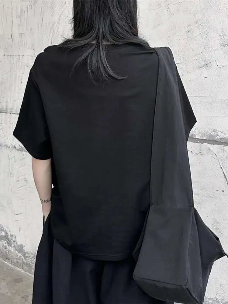 Women Black Color-block Irregular Big Size T-shirt New Round Neck Short Sleeve Fashion Tide Spring Summer 2025 1DF9655