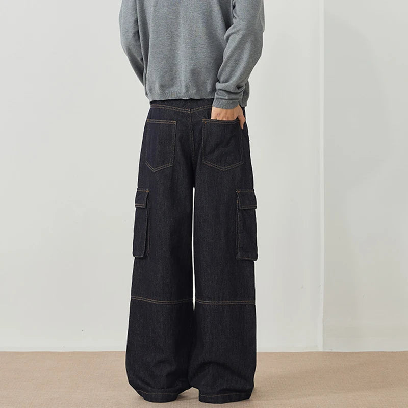 Men's Jeans New American Style Straight Leg Trendy Multi Pockets Line Design Splicing Male Summer Loose Bottoms 9W1900