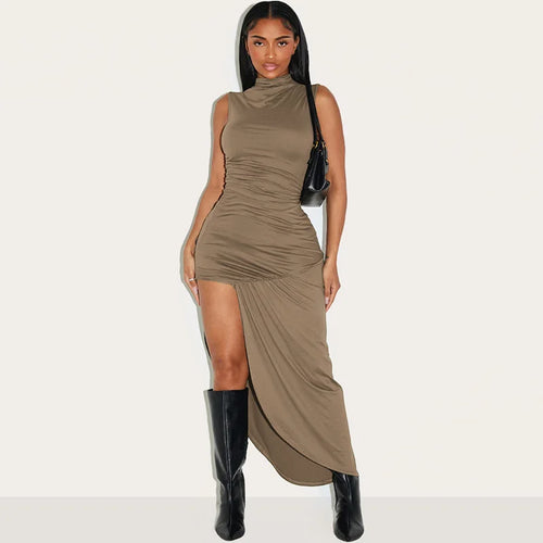 Load image into Gallery viewer, Summer Ruched Split Maxi Dress Women Gown Fashion Solid O Neck Sleeveless High Waist Tank Dress 2025 New Dresses
