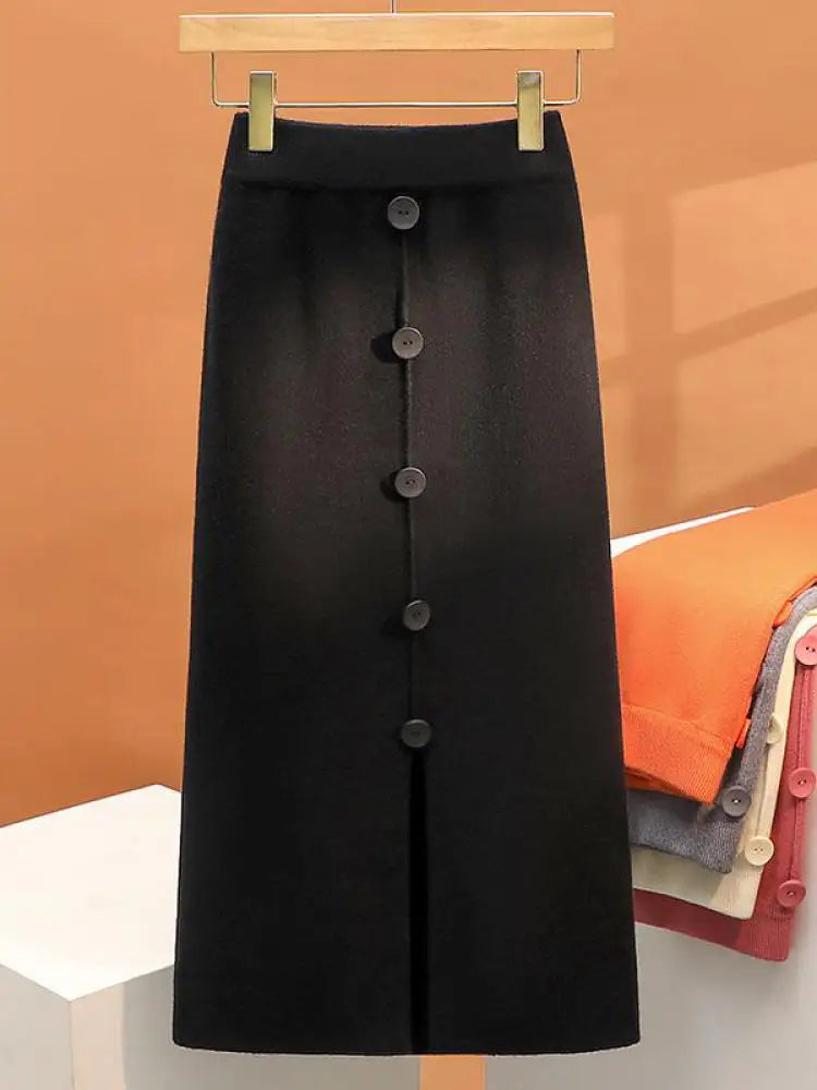 Solid Knit Wrap Hip Skirts Women 2023 Autumn Winter New Fashion Midi Skirt Vintage Casual Elastic High Waist Button Split Skirt