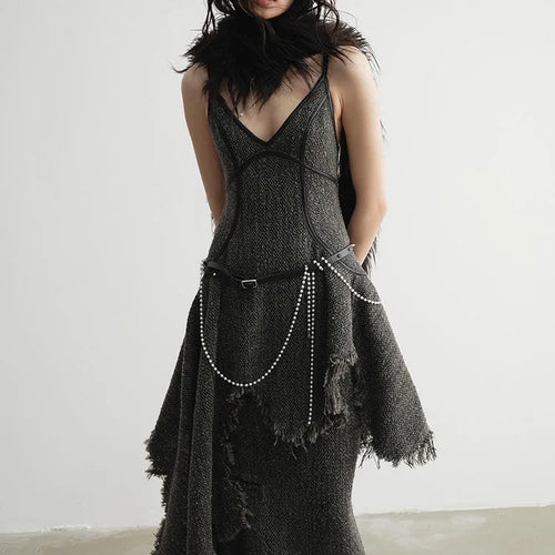 Load image into Gallery viewer, Women 25% Wool Irregular Tassels Burr Hem Vintage Dress New V-Neck Sleeveless Fashion Tide Autumn Winter 2025 1DH4036
