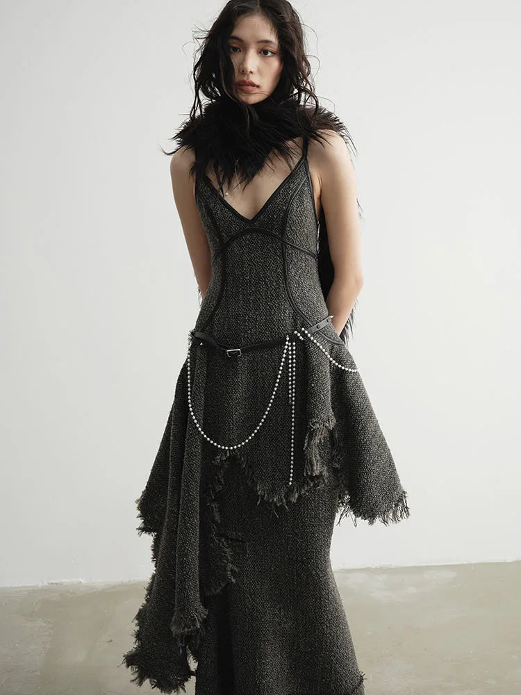 Women 25% Wool Irregular Tassels Burr Hem Vintage Dress New V-Neck Sleeveless Fashion Tide Autumn Winter 2025 1DH4036