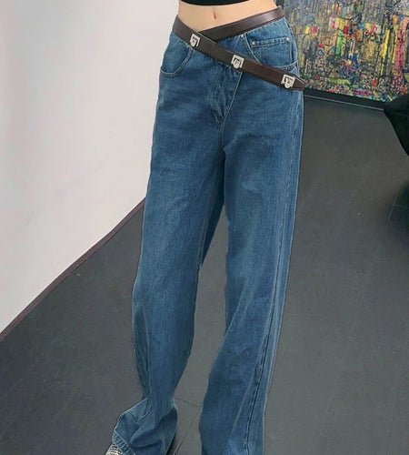 Casual Loose Denim Pants For Women High Waist Patchwork Belt Irregular Designer Straight Leg Jeans Female Fashion