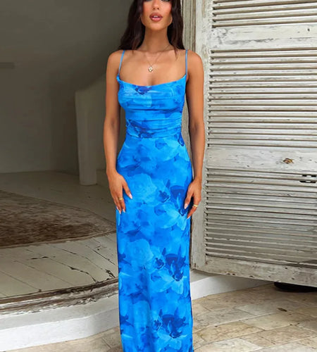 Spaghetti Strap Print Maxi Dress For Women Gown Summer New Sleeveless Backless Bodycon Club Party Long Dress Fashion
