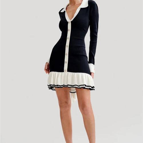 Load image into Gallery viewer, Long Sleeve Ruffled Knit Mini Dress For Women Autumn New V Neck Pearl Single-breasted Bow Bandage Knitted Dress Elegant
